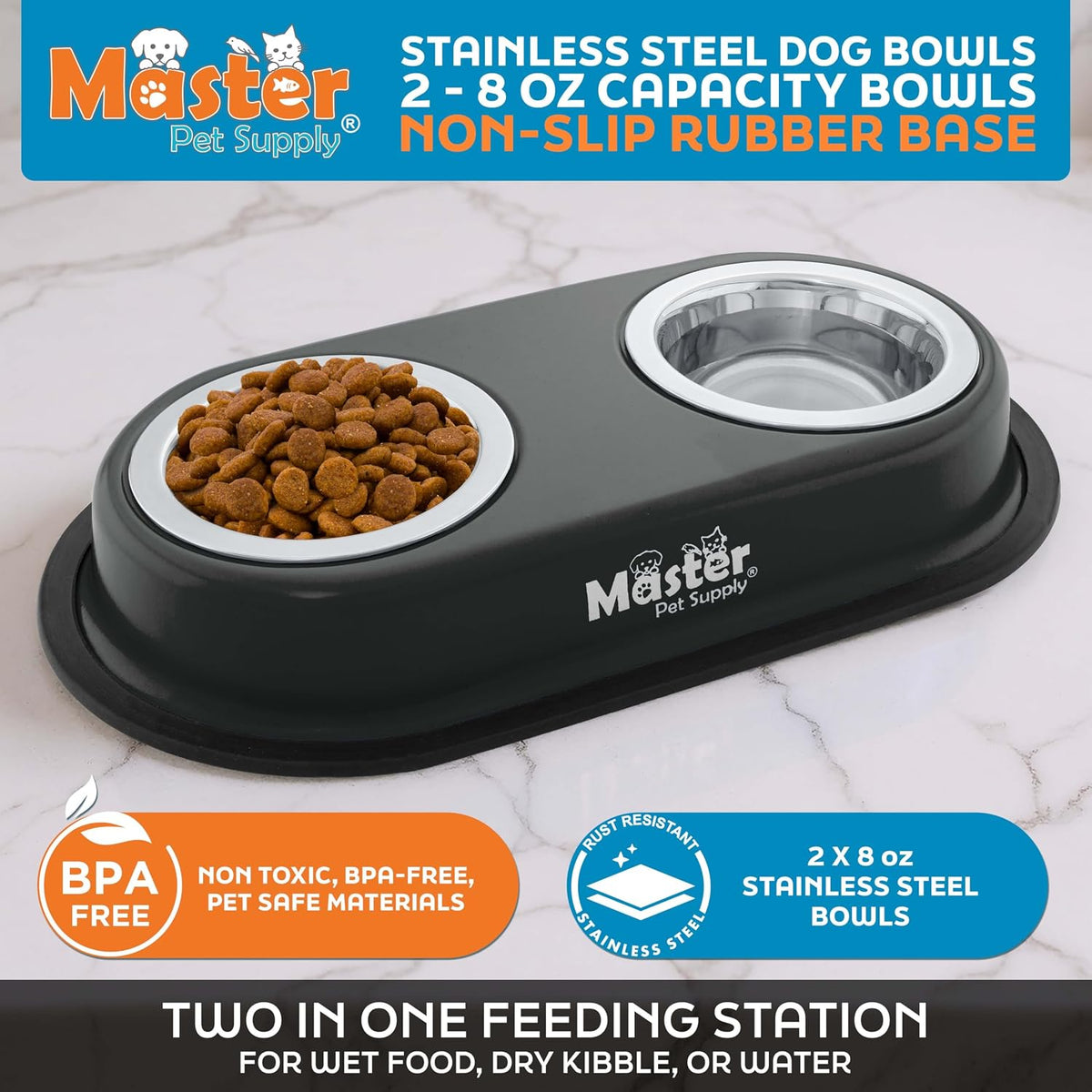 Master Pet Supply Double Dog Bowls Set with Elevated Base Black Velvet – Essentials for Dogs - Black Velvet - image 2
