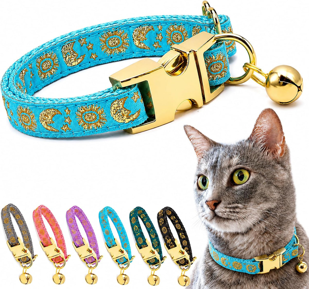 Cat Collar with Bell for Kittens & Cats, Moon & Stars Design – Essentials for Cats - Ocean Blue Collar / X-Small (Pack of 1)