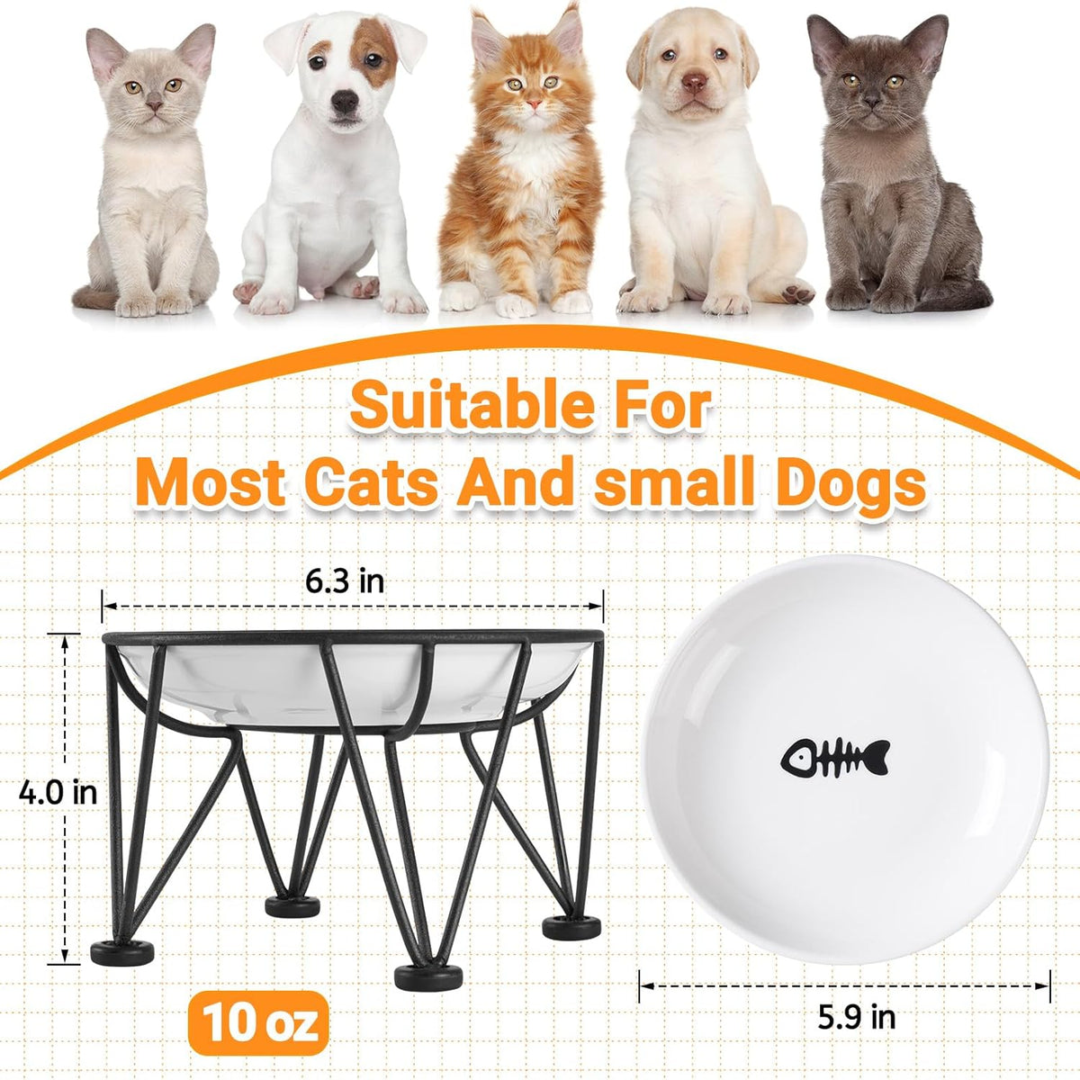 Ceramic Cat Bowls, Raised, Whisker Friendly - anti-slip raised dish,2 pack / fishbone+cat paw - image 3
