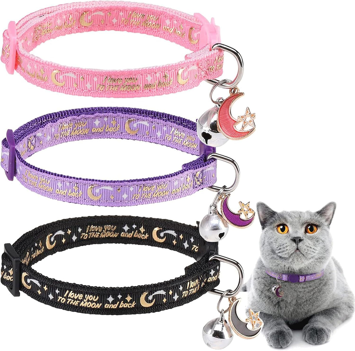Cat Collar Breakaway, Soft Kitten Collar with Bell, Daisy - Star & Moon (Pack of 3)