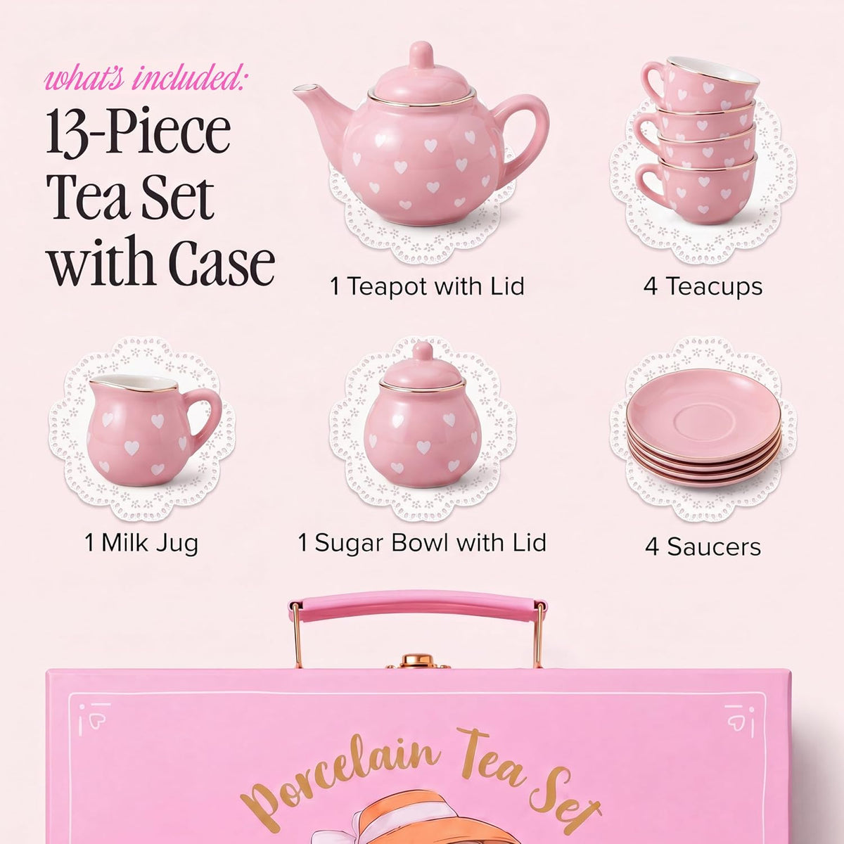 Giggle & Honey white floral tea party set for girls with porcelain teapot, cups and carrying case - view 16