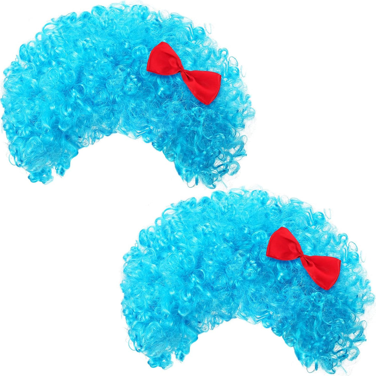 Jutom two sky blue curly afro costume wigs with red bows