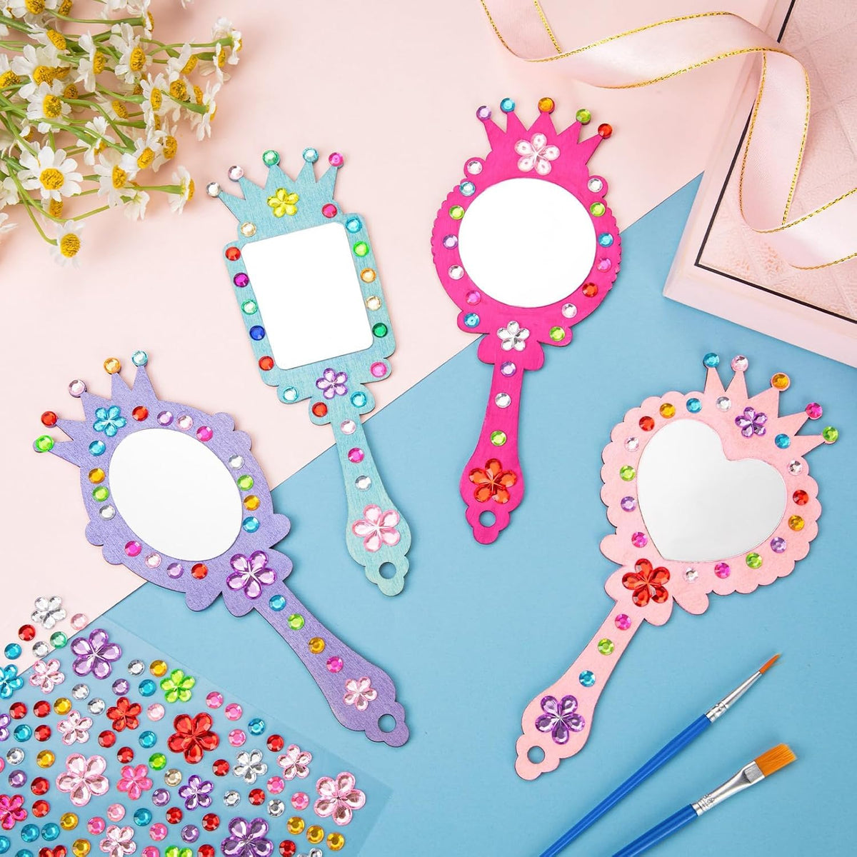 XJWWHZ wooden princess mirror craft kit, 12 DIY mirrors with gem stickers and brushes - view 7
