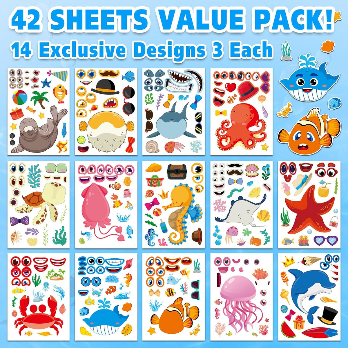 48 Fall Make-a-Face Sticker Sheets for Kids - Ocean Animals - image 2