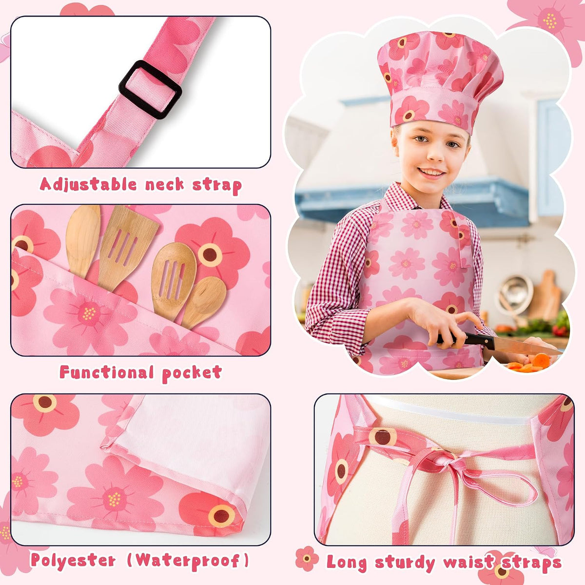 4Pcs Kids Apron and Chef Hat Set Gift for Girls Boys - Butterfly Flowers - image 3