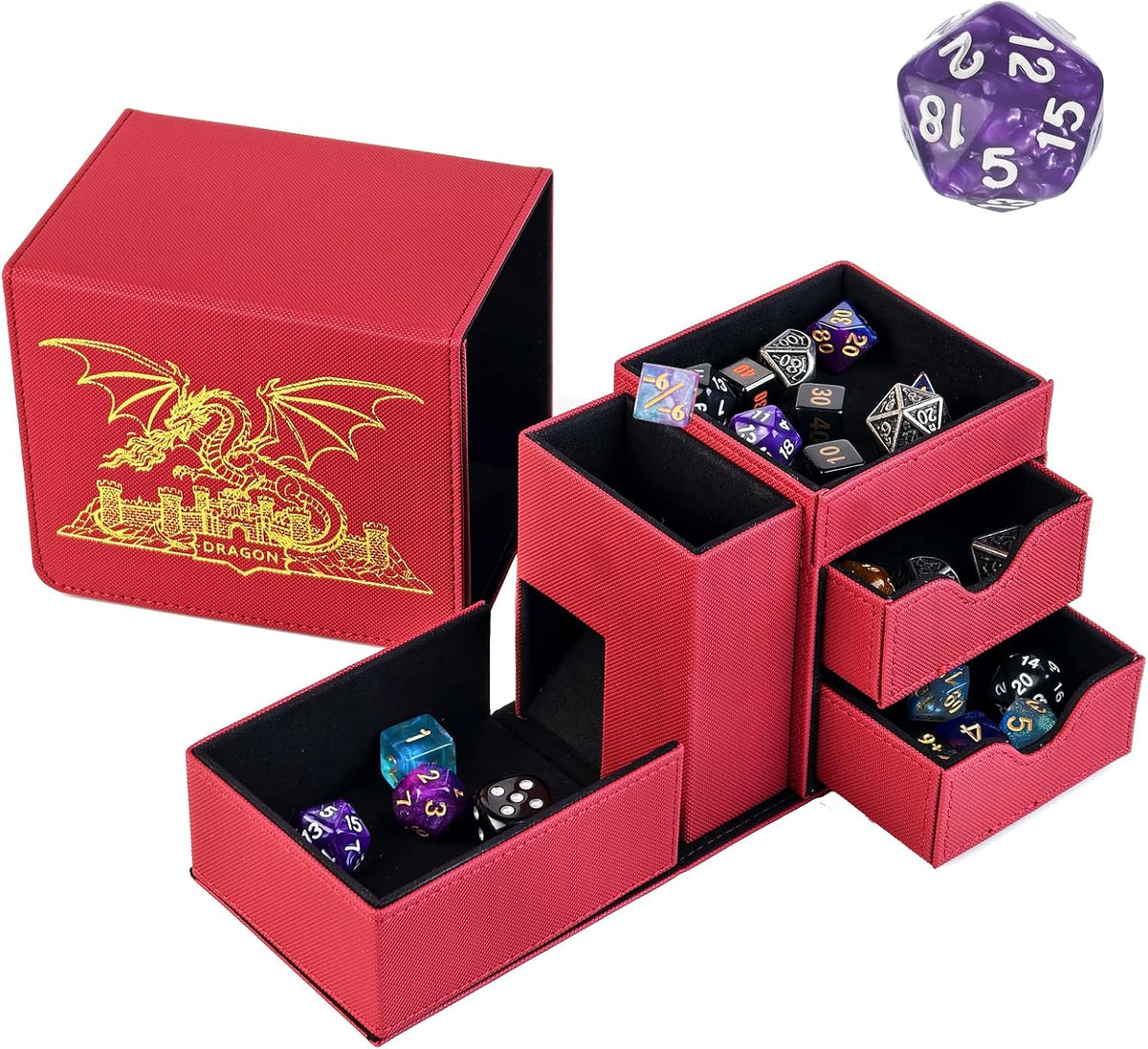 Stepane dice tray and dice tower storage box in black and red PU leather with drawers