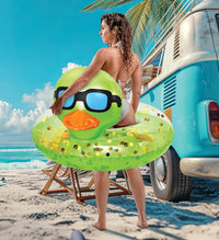 POZA inflatable duck pool float tube with gold confetti, sunglasses and orange beak - view 15
