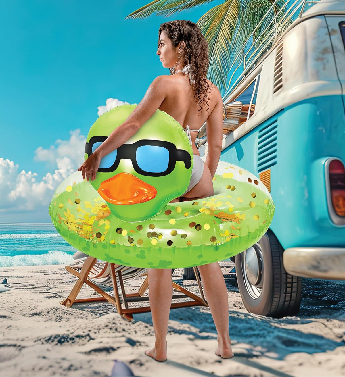 POZA inflatable duck pool float tube with gold confetti, sunglasses and orange beak - view 15