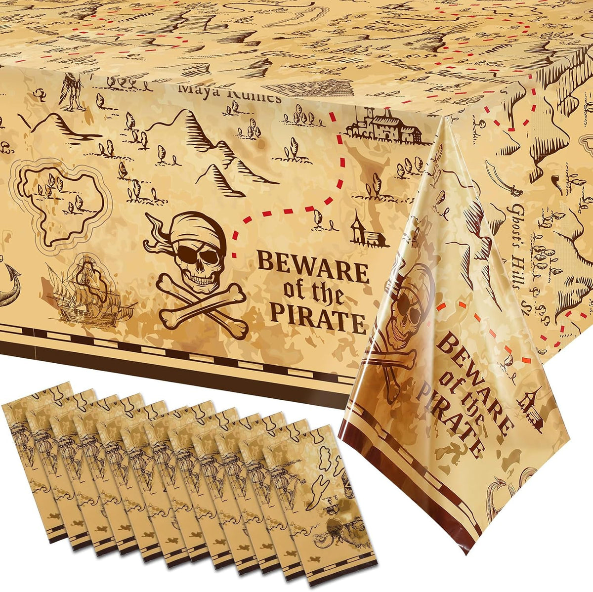 Irenare pirate tablecloth printed with a treasure map, skeleton, boat, mountain and treasure chest