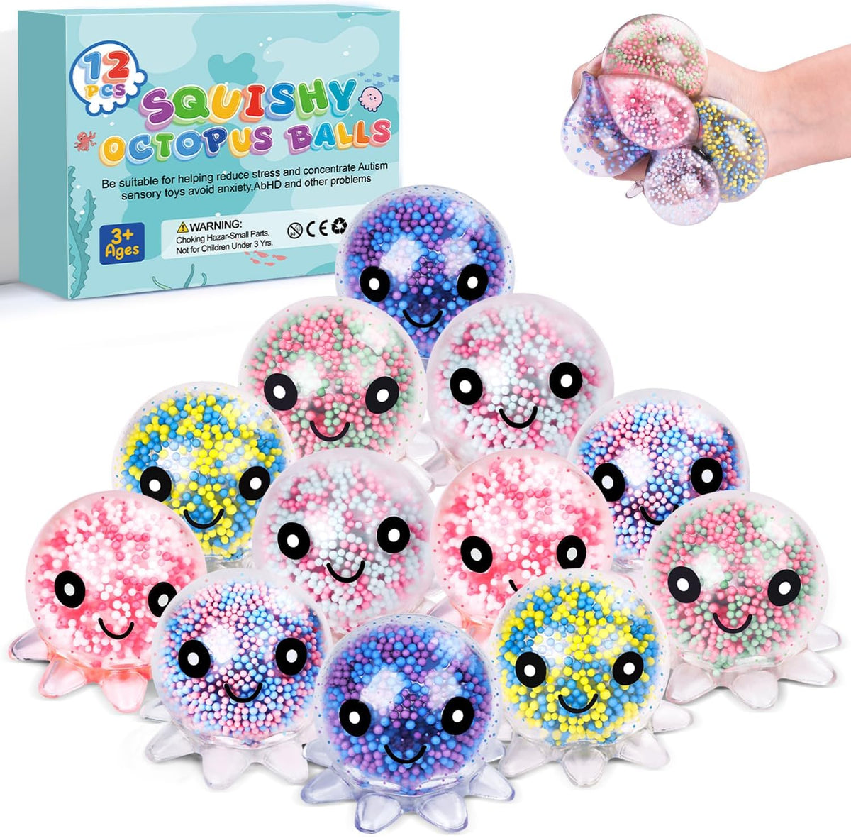 16 Pack Slow Rising Stress Balls，Textured Memory Soft Stress Ball – Fun for Kids & Family - 12 Pack Octopus Stress Balls