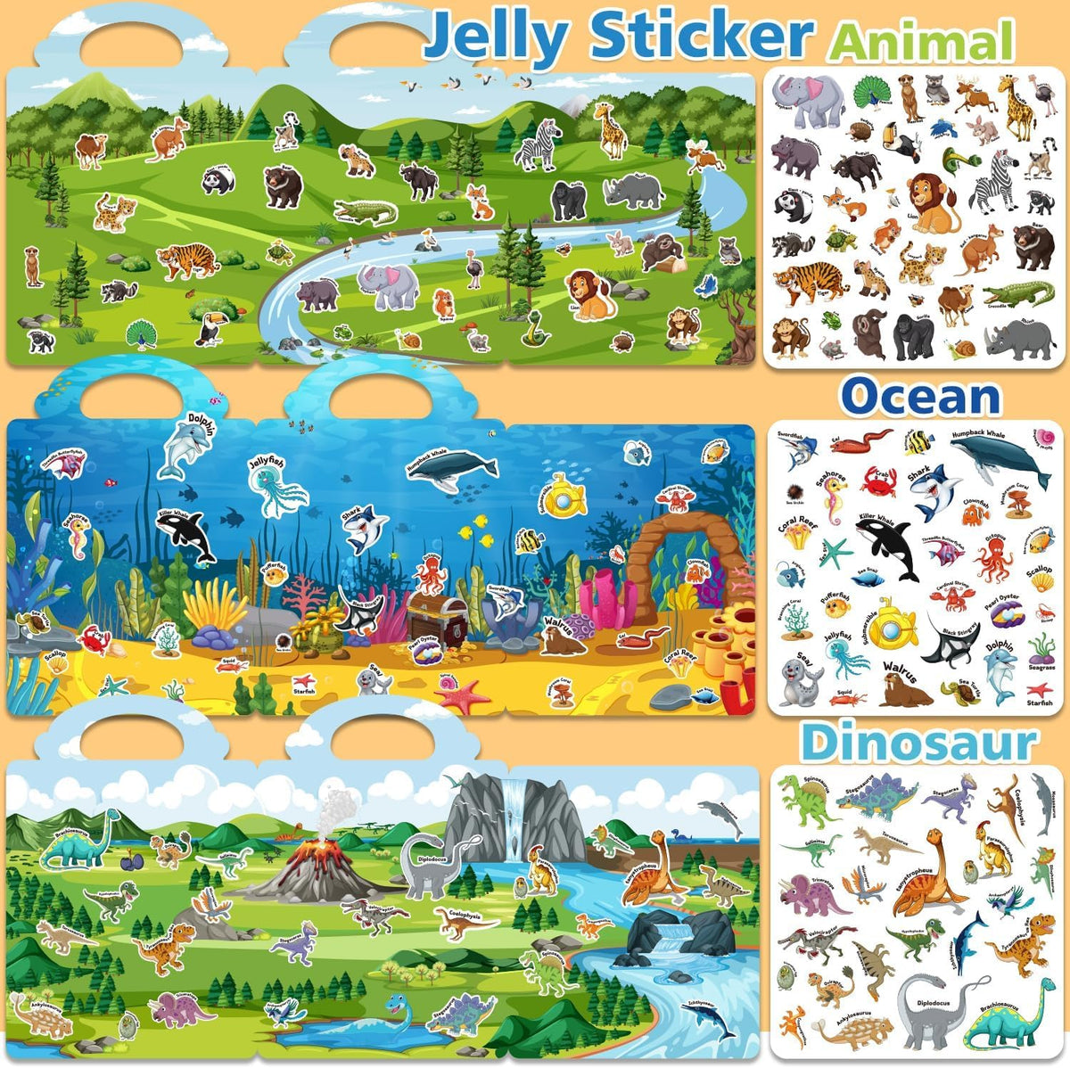 6 Sets Reusable Sticker Book for Toddlers 3-6 - Dinosaur+Ocean+Animal - image 3