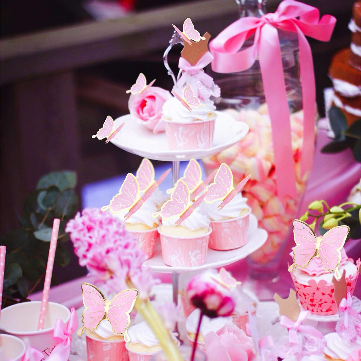 30Pcs 2D Waterproof Swallowtail Butterfly Cake Topper Transparent - Not Edible / Pink Gold-2 - image 3