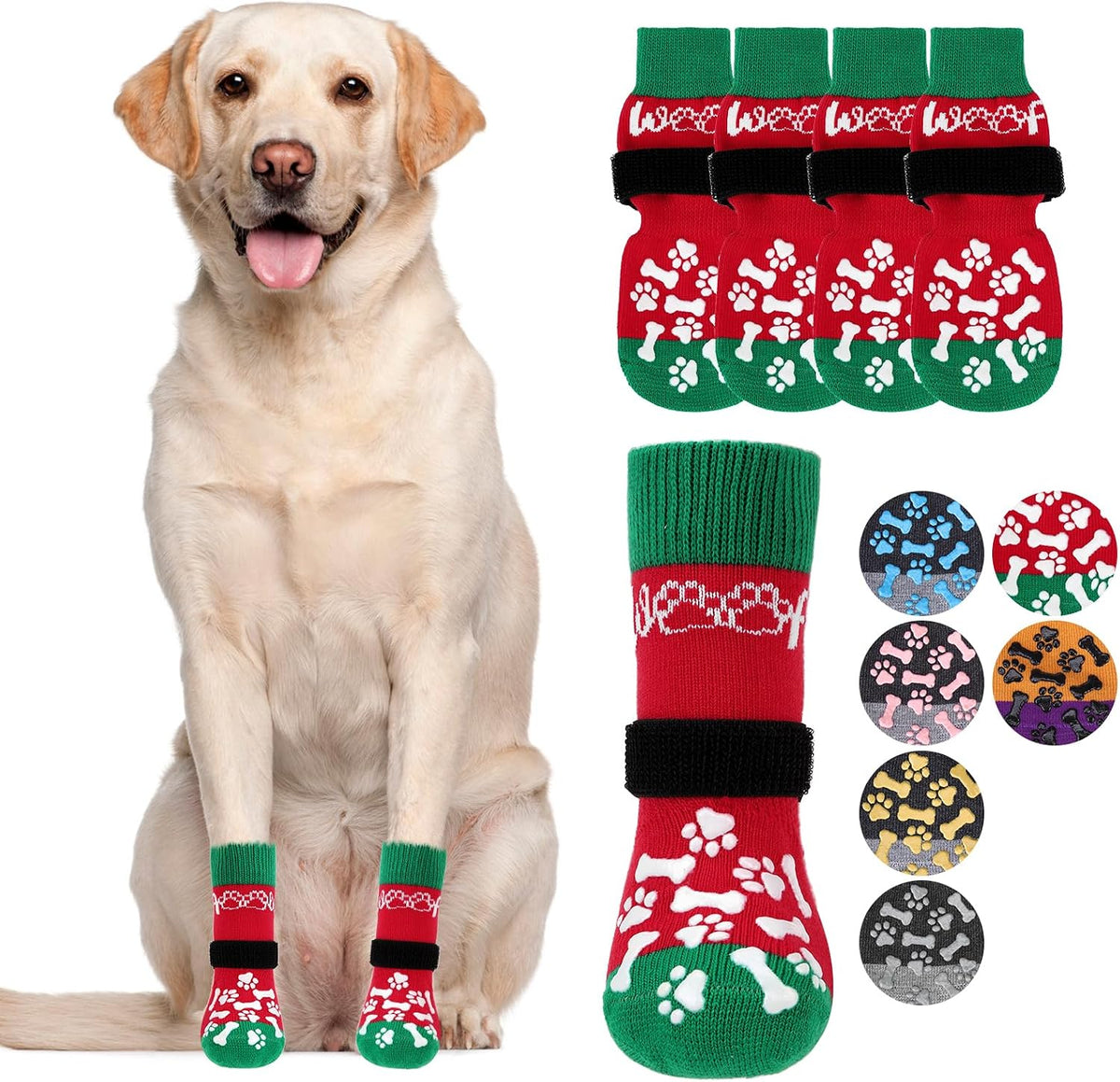 Dog Socks Shoes for Hot Pavement to Prevent Licking Paws - Red&green With Woof / X-Large (4 Pack)
