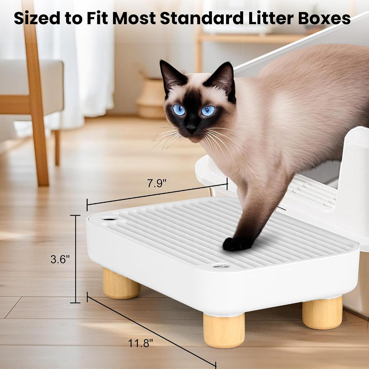 Litter Box Step, Litter Box Ramp/Catcher with Wooden Base - White - image 2