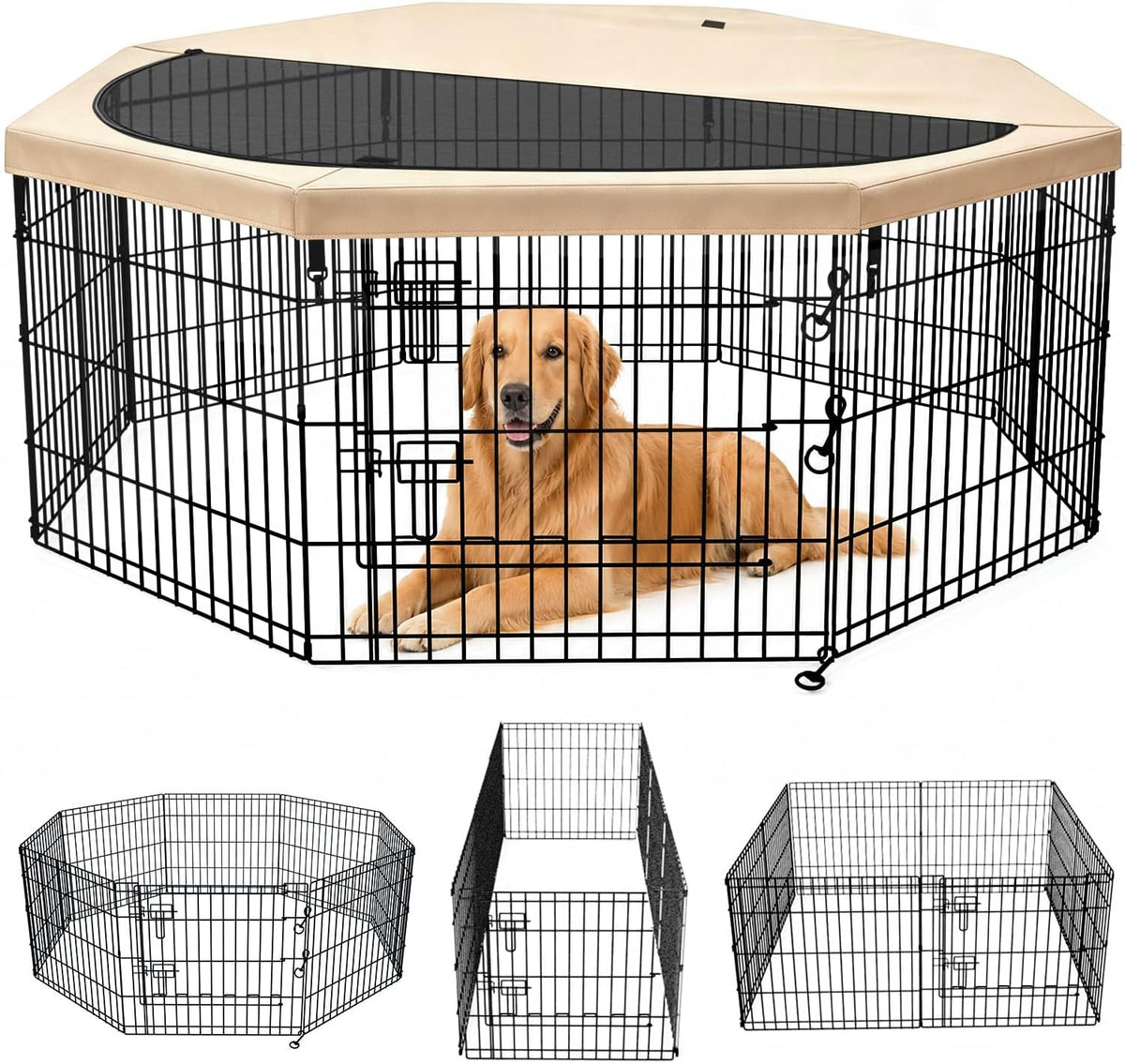 Foldable Metal Dog Exercise Pen/Pet Puppy Playpen Kennels Yard Fence - Tan / 30''H / Playpen+Top Cover