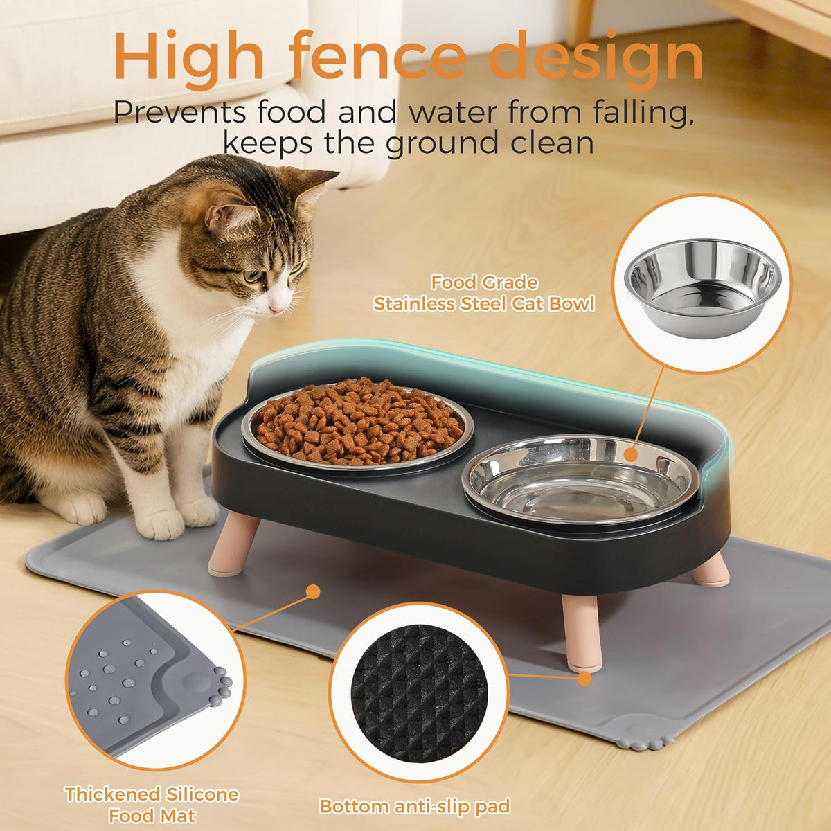 Elevated Cat Bowls Set - Raised Cat Food and Water Bowl Set with Non Slip Stand - Pet Feeding - Black - image 4