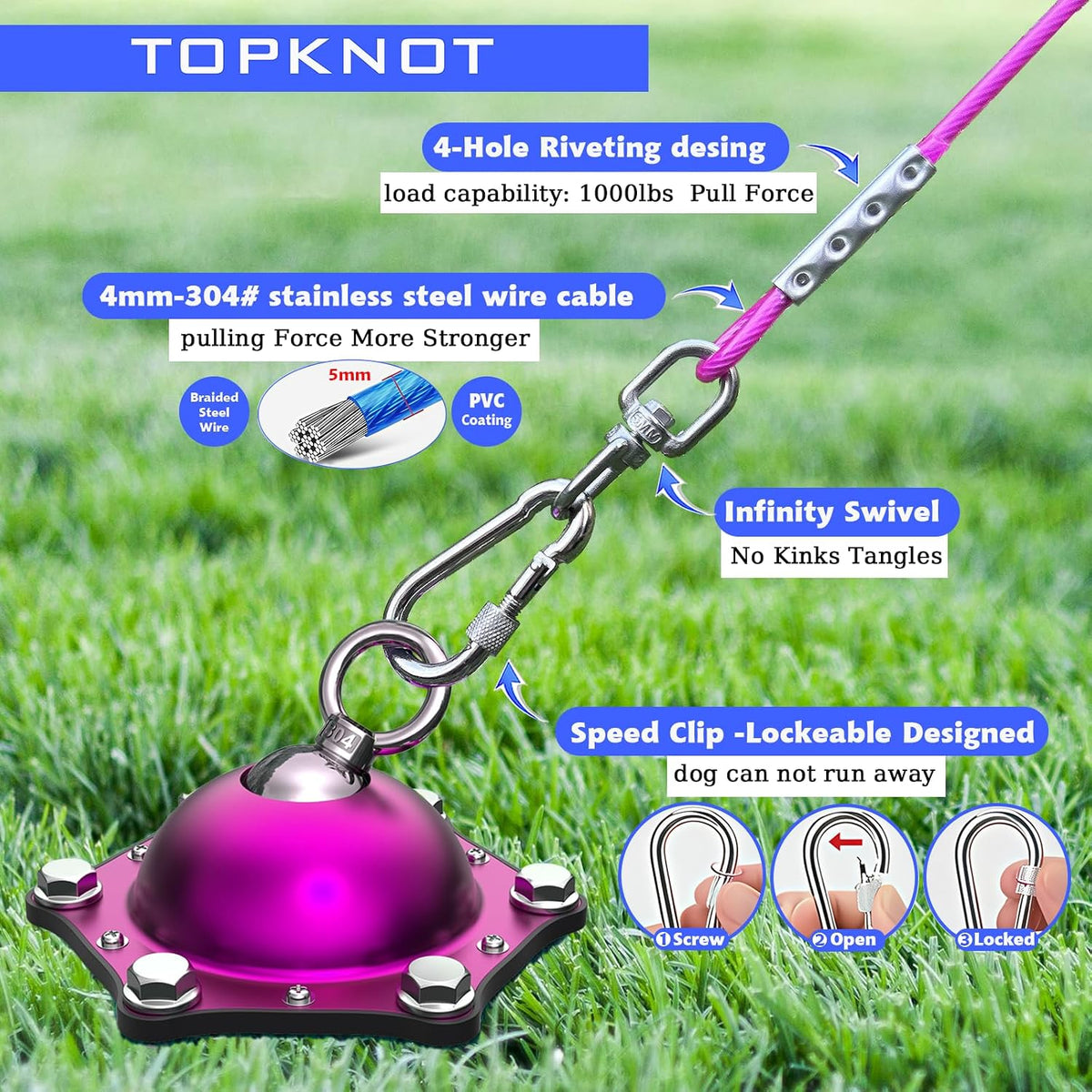 Dog Tie Out Cable and Stake for Camping, 360°Swivel Dog Run - Dog Stake Violet/15ft Cable/200lbs - image 3