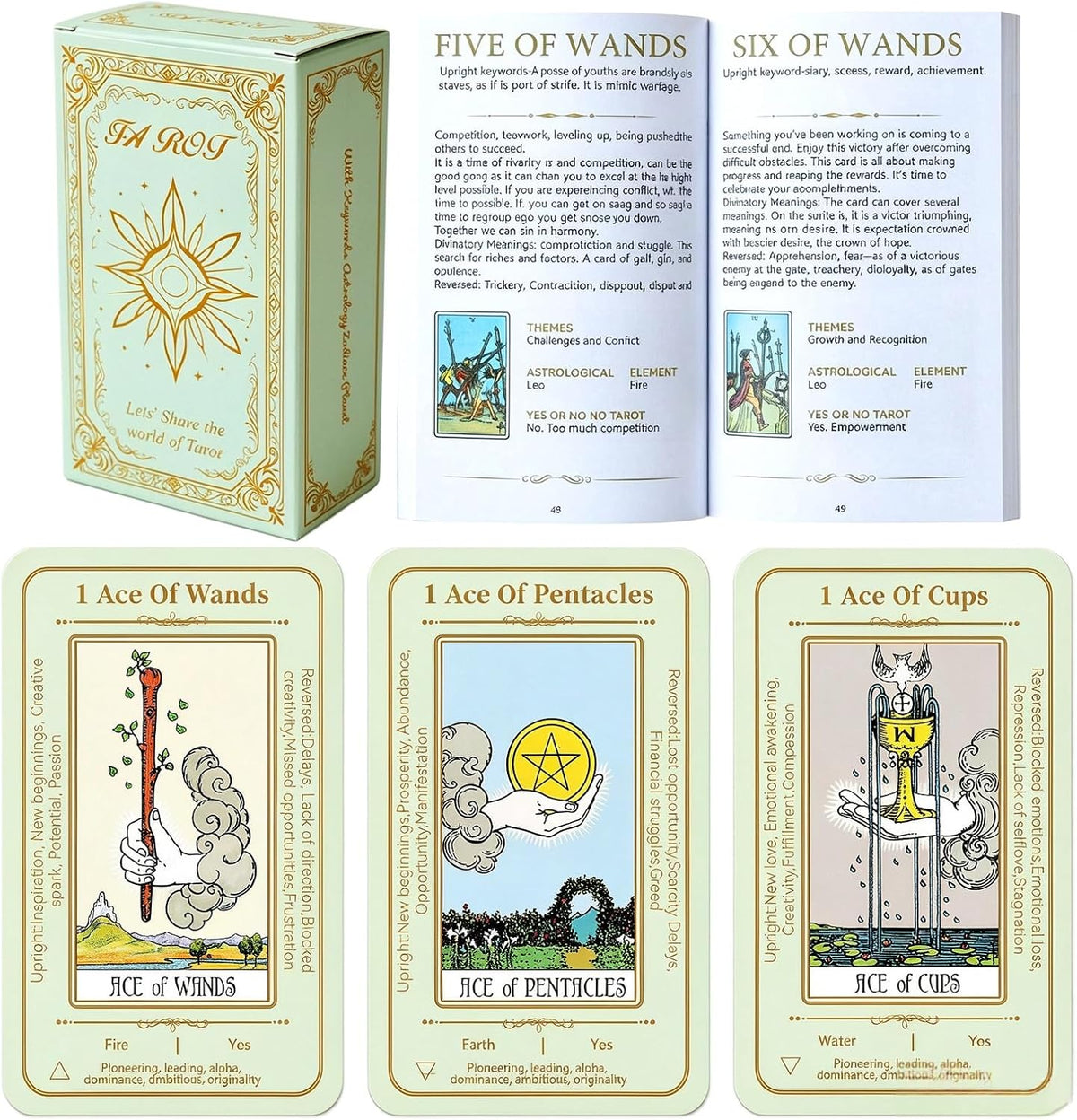 Erbacan beginner tarot cards deck with meanings printed on the cards, guidebook and green velvet pouch