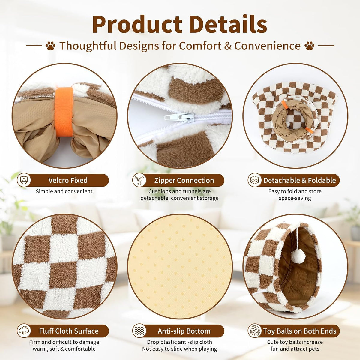 Bunny Tunnel Bed, 2-in-1 Collapsible Rabbit Tunnel Hideout with Mat – Essentials for Small Pets - Brown Checks - image 3