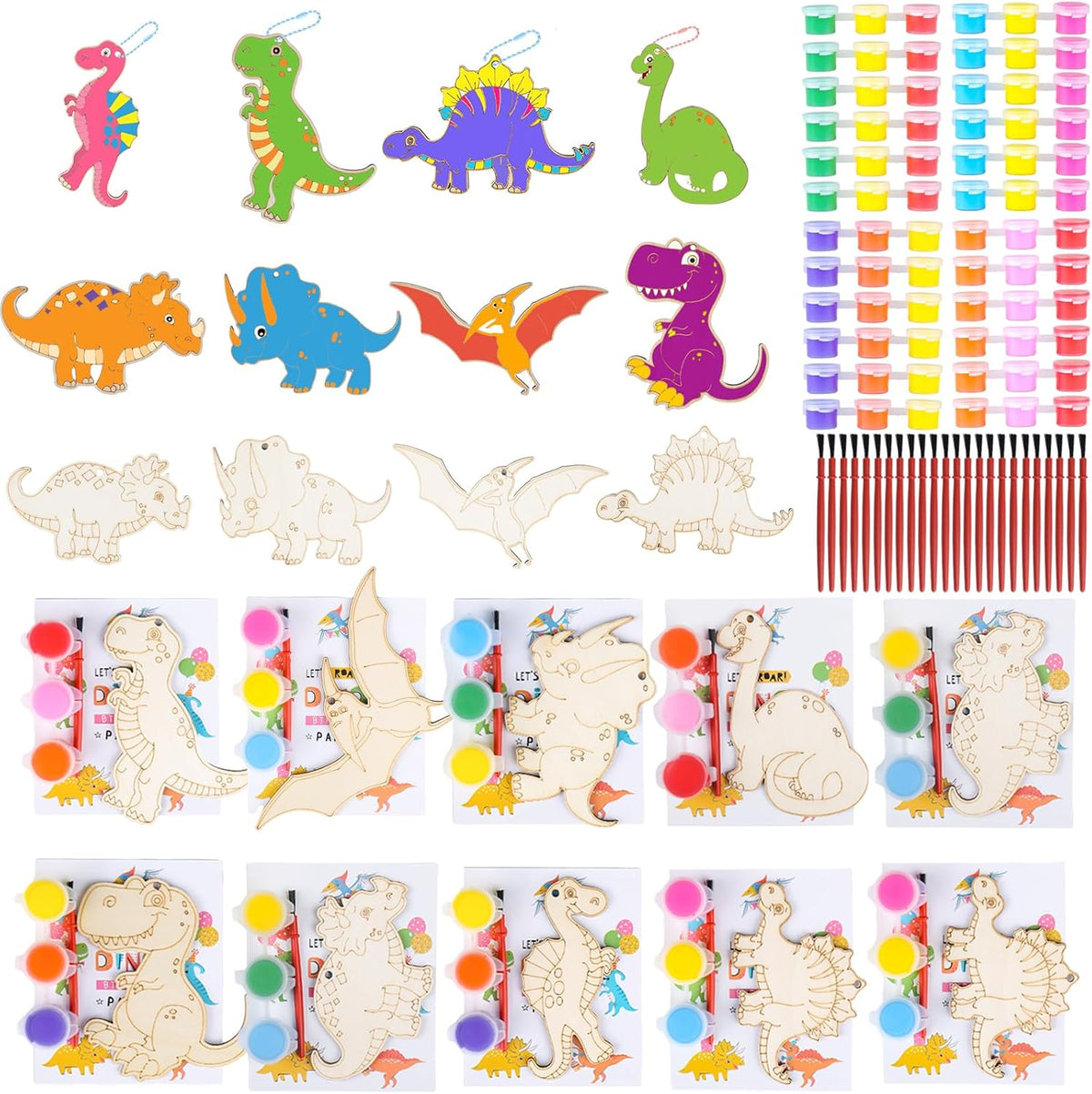 JOTIKO 12-pack dinosaur party favors with wooden keychains, paints and brushes