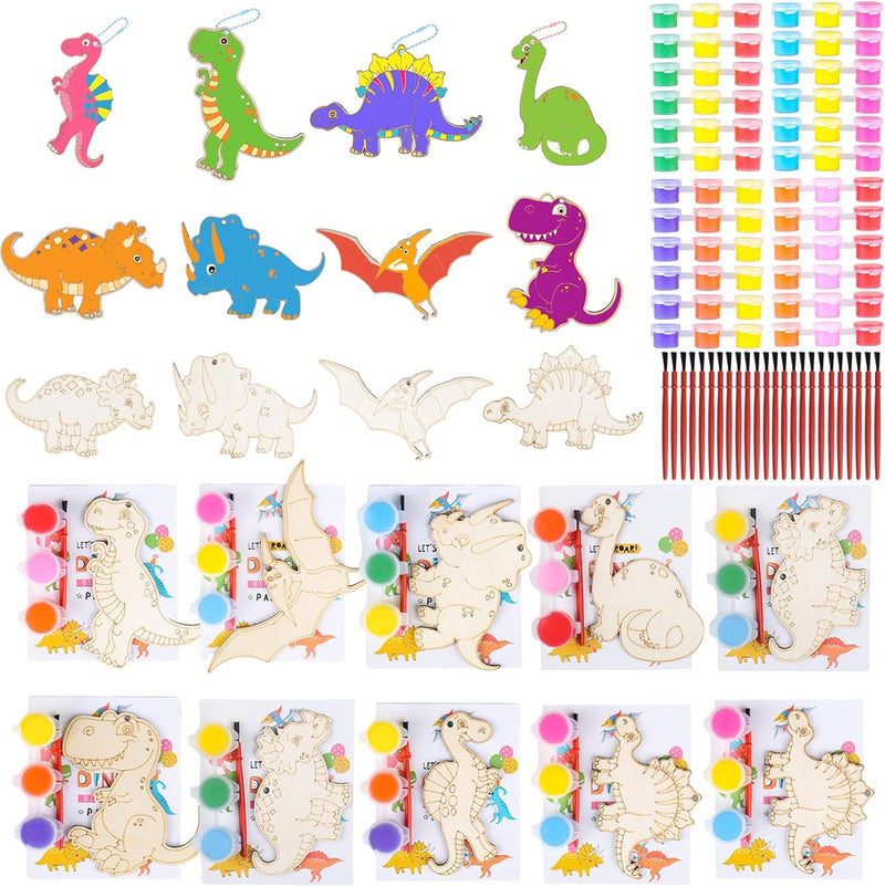 JOTIKO 12-pack dinosaur party favors with wooden keychains, paints and brushes