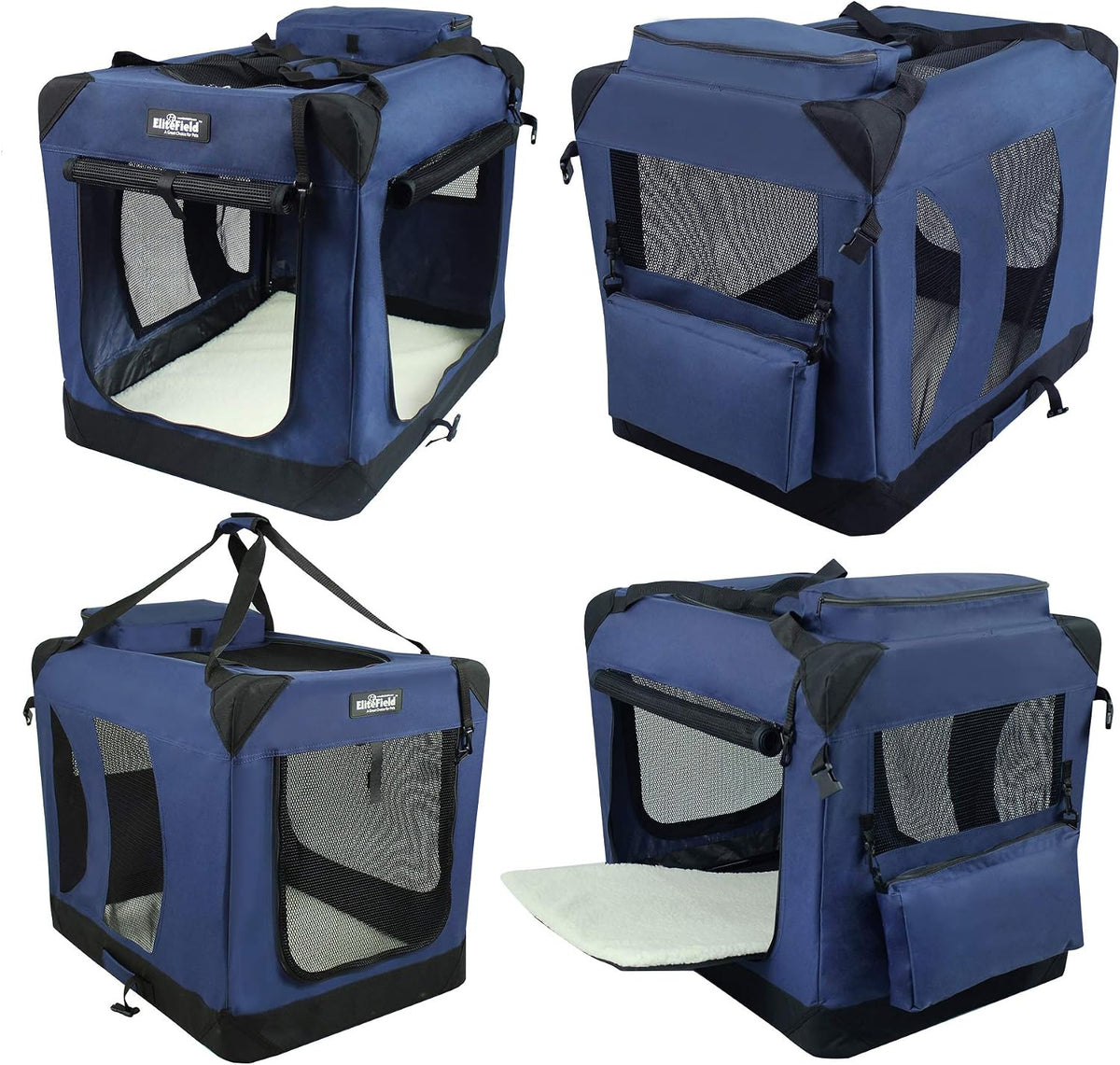 EliteField 3-Door Soft Dog Crate with Bed & Carrying Bag – Essentials for Dogs - Navy Blue / 20.0"L x 14.0"W x 14.0"H - image 3