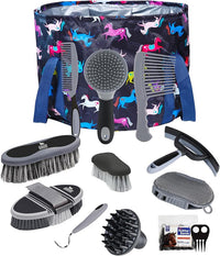 Harrison Howard Horse Grooming Kit 11-Piece Equine Care Series Horse Brush Sets with Organizer Tote Bag Tack Room Supplies Shedding Grooming Massaging Tools Black Brushstroke Ponies