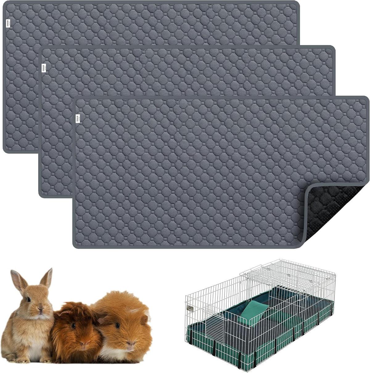 Three pack of washable fleece guinea pig cage liners, 49 x 24 inches