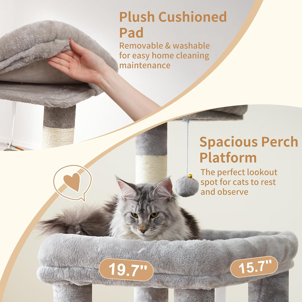 Heybly Heavy Duty Cat Tree with Large Base for Large Indoor Cats - Light Gray / XL - image 3