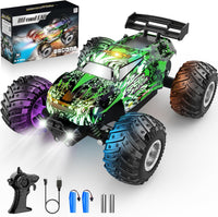 Remote Control Car All-Terrain 1:18 Rc Car with LED Lights 2 Batteries – Fun for Kids & Family - Green