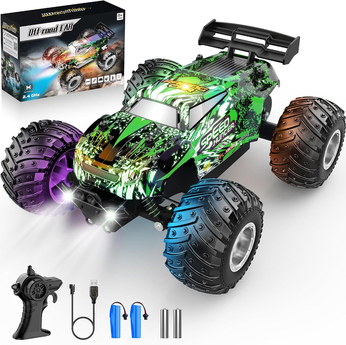 Remote Control Car All-Terrain 1:18 Rc Car with LED Lights 2 Batteries – Fun for Kids & Family - Green