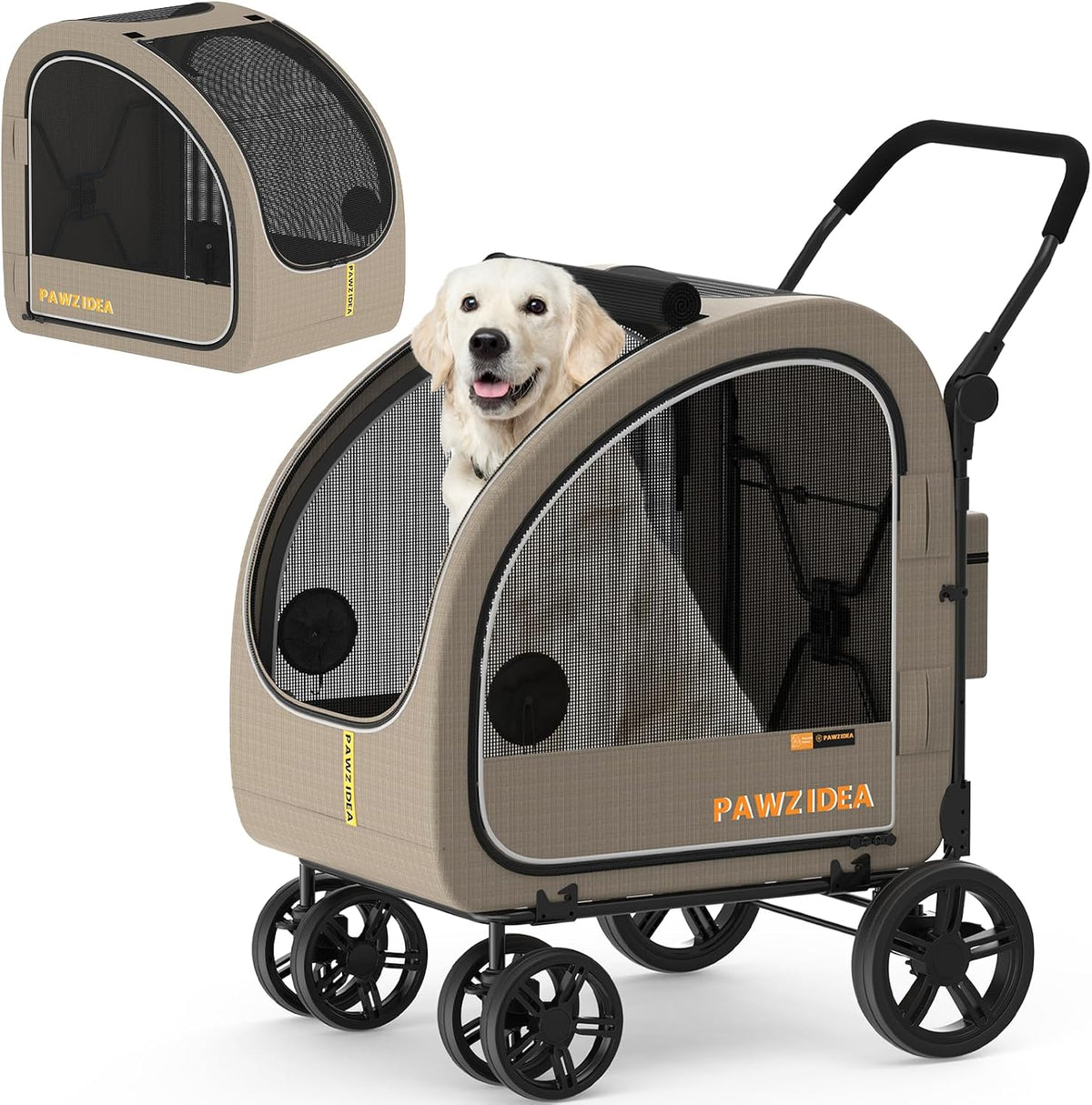 PAWZIDEA 3-in-1 Large Dog Stroller with Detachable Carrier - Khaki Plaid