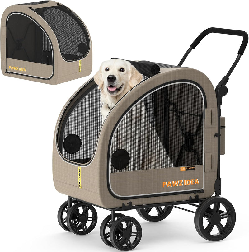 PAWZIDEA 3-in-1 Large Dog Stroller with Detachable Carrier - Khaki Plaid