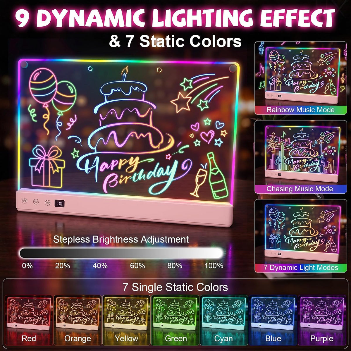 Honesorn 16’’ LED Drawing Board for kids 16 Light Effects White – Fun for Kids & Family - Pink - image 4