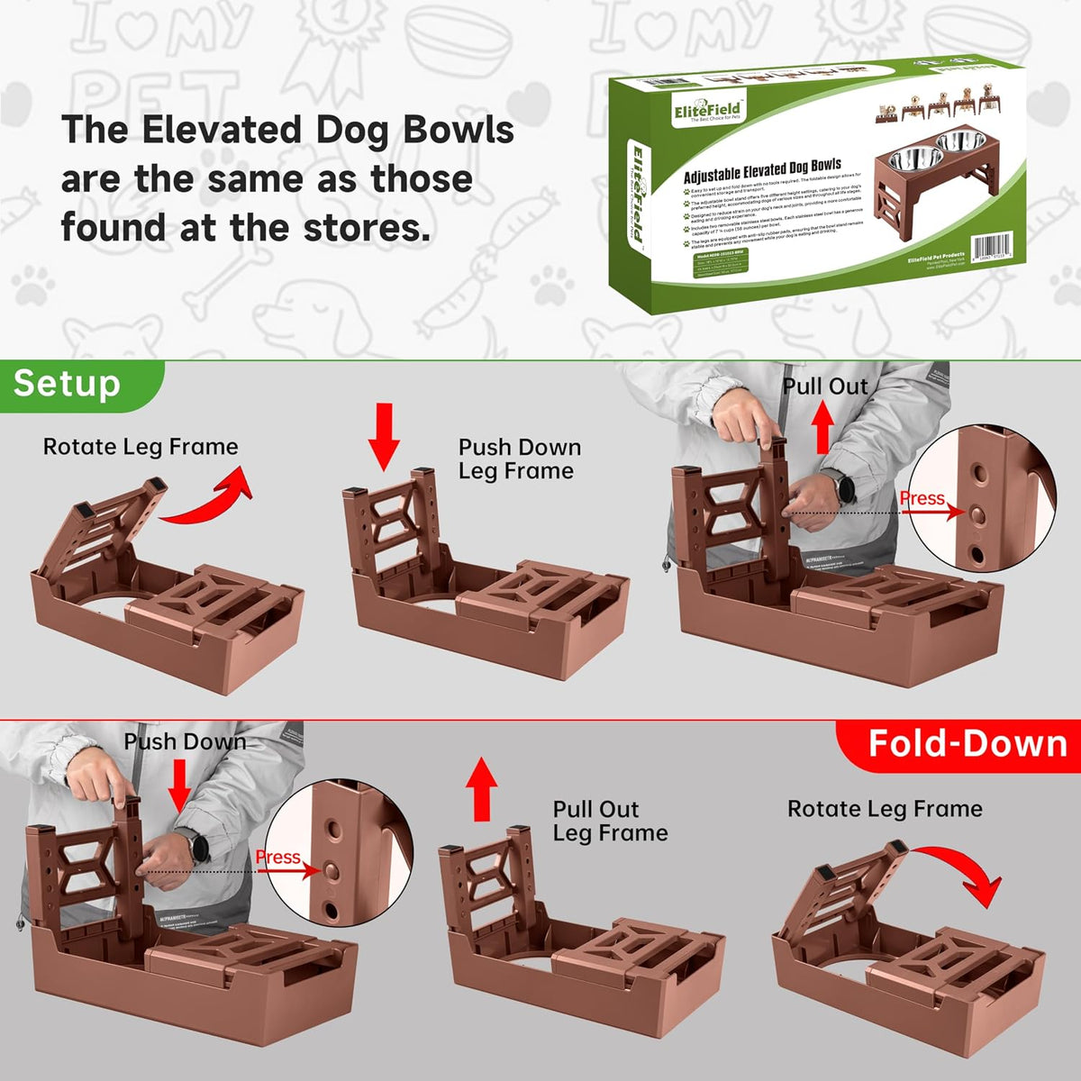 EliteField Elevated Dog Bowls - 2 Stainless Steel Bowls / Brown - image 4