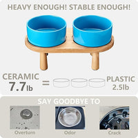Ceramic Elevated Dog Bowls, Pet Food and Water Bowl Set for Large Dogs, 7.5 Cups Dog Bowls Raised with Wood Stand, 61OZ, Blue
