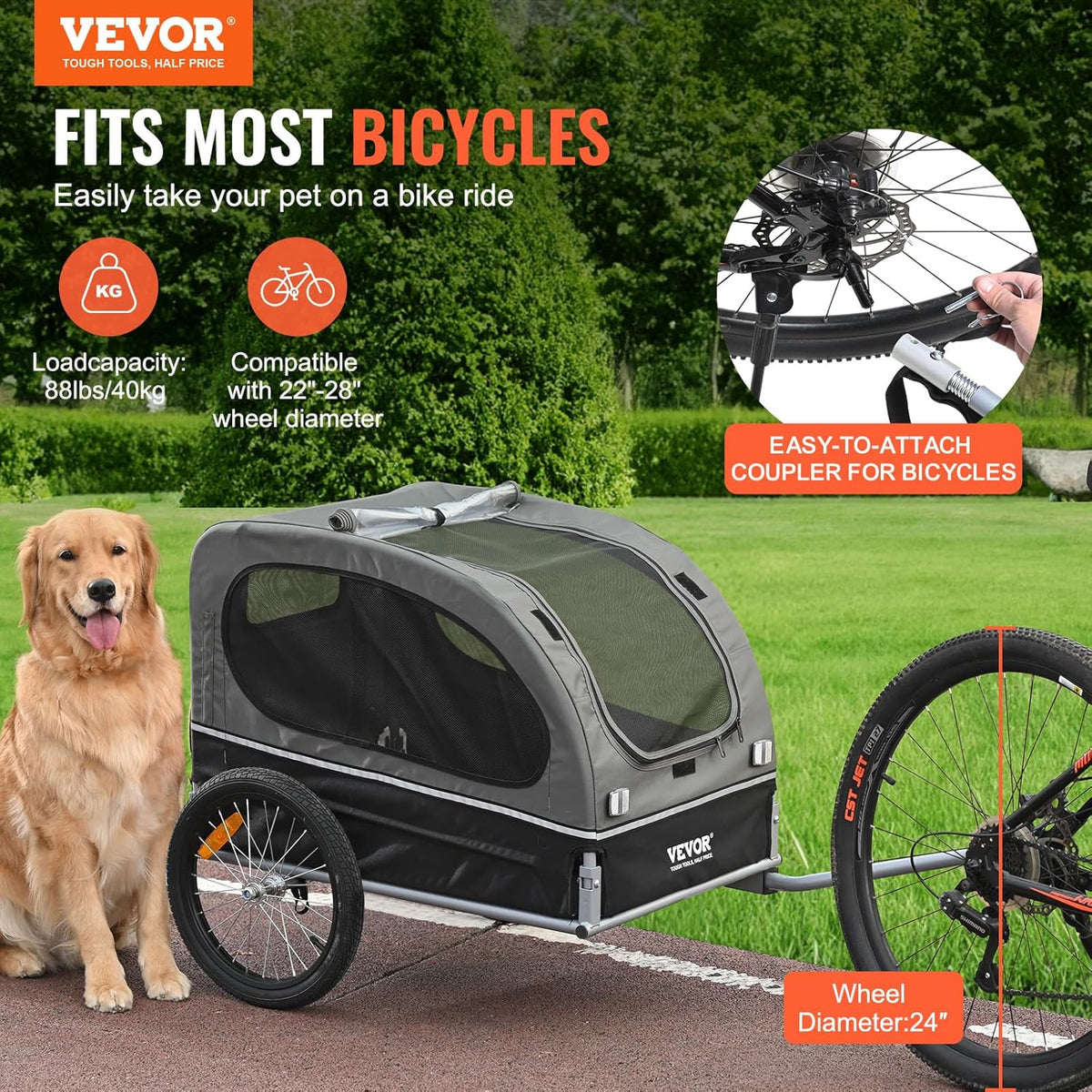 VEVOR Dog Bike Trailer, Supports up to 88 lbs - Black/Gray - image 2