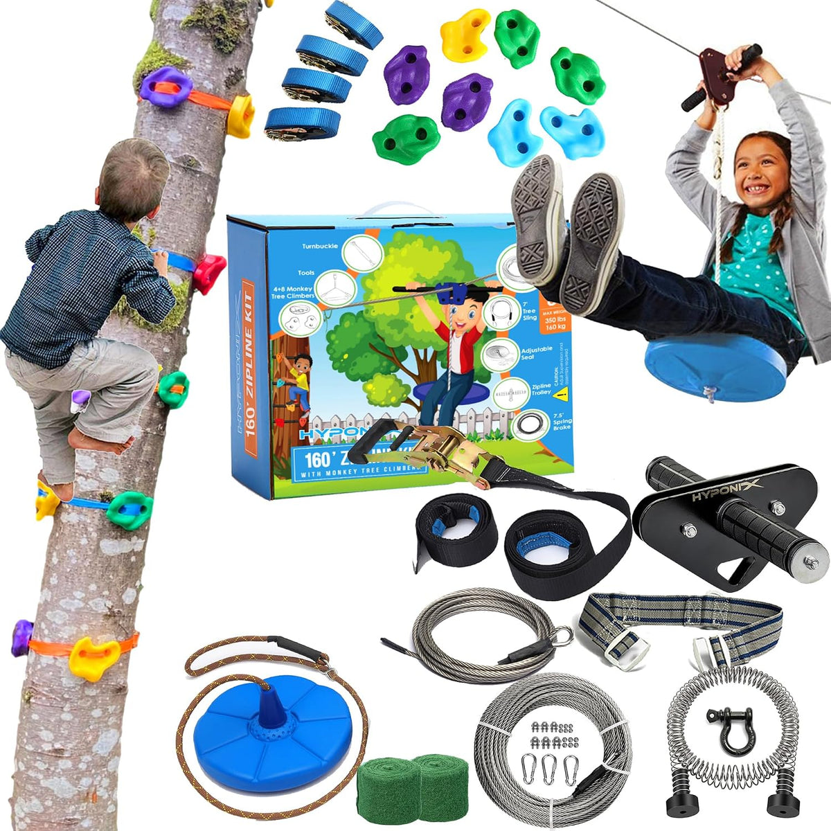 Hyponix Zip Line Kit for Backyard Kids and Adults 100 ft - 160' Zipline Kit