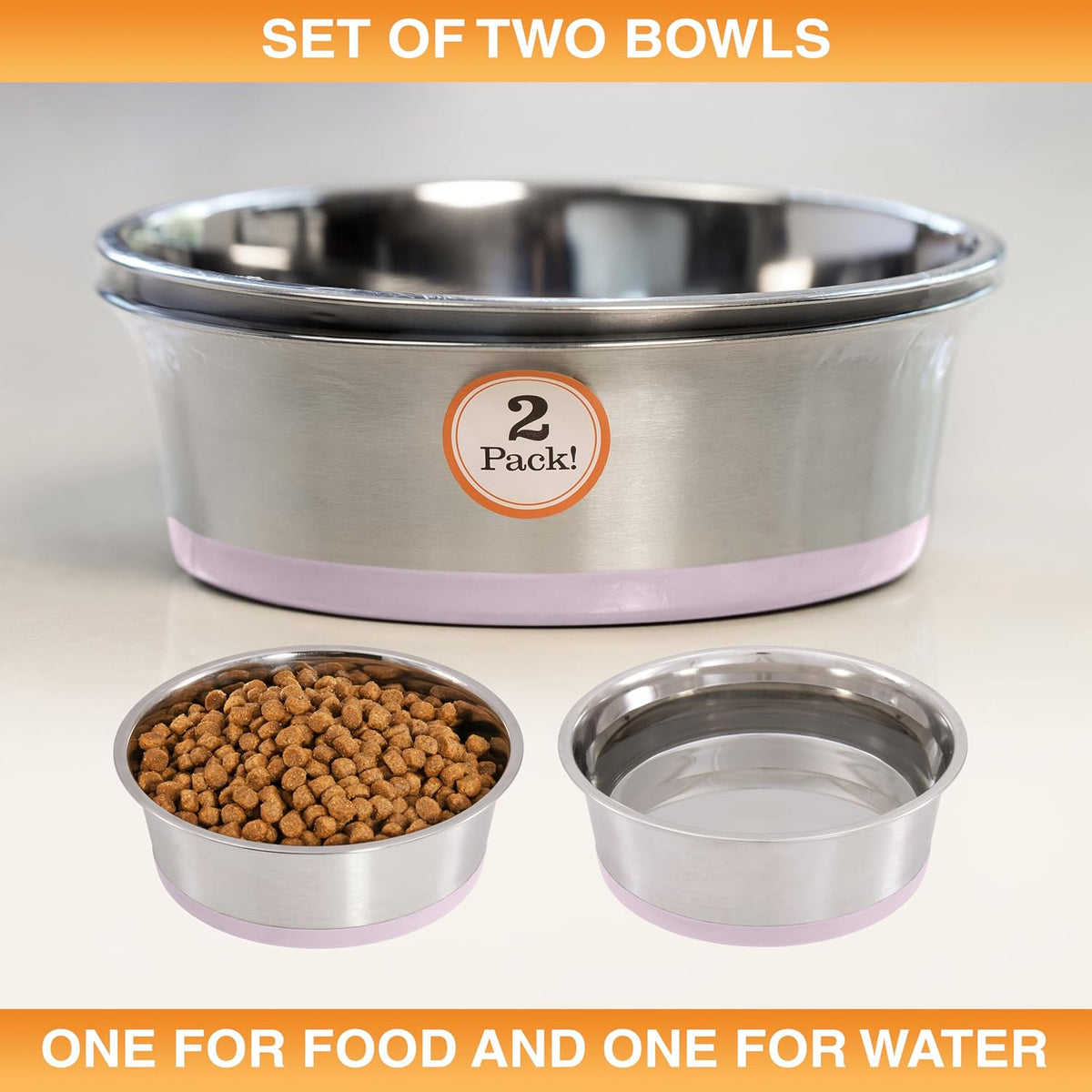 Neater Pet Brands Stainless Steel Dog Bowls with Non-Slip Rubber - 3 Cup (Set of 2) / Light Pink - image 3