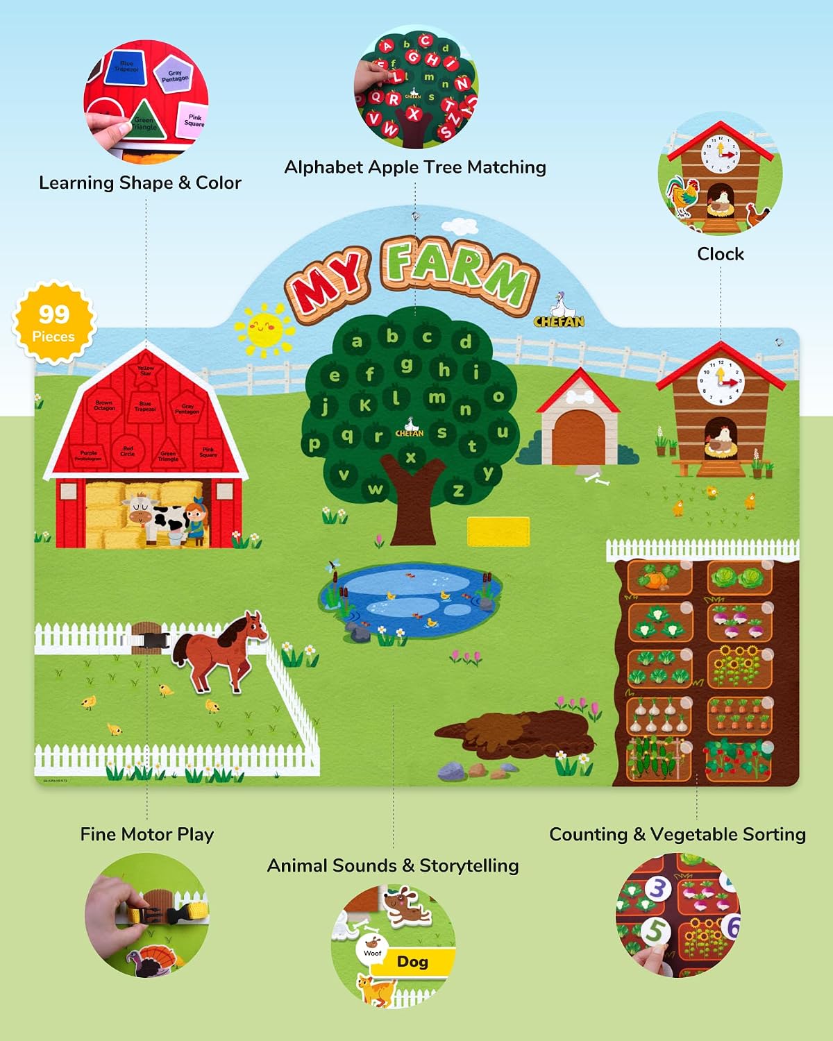 CHEFAN farm animals felt story board set with barn, tractor, cows, sheep and pond pieces - view 10