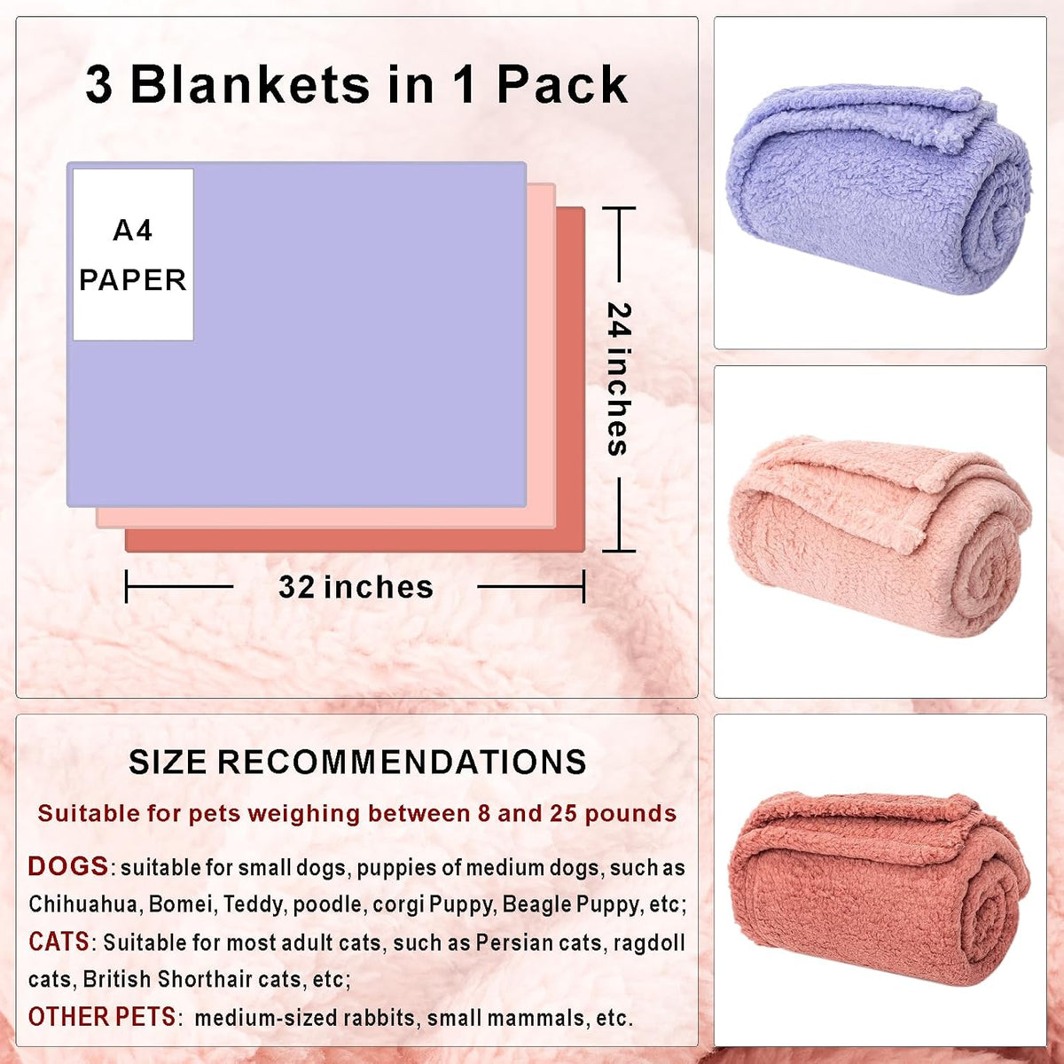 2 Blankets, Dog Cat Pet Blanket, Soft Warm Fleece, for Puppy - Lavender+pink+darkpink / 32"L x 24"W , 3/Pack - image 2
