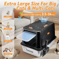 Odor-Control Stainless Steel Litter Box, 135° Flip-Top Metal Cat Litter Box with Electric Deodorization, Enclosed High Sided Litter Pan, Breeze Litter Box System, Anti-Urine Leakage