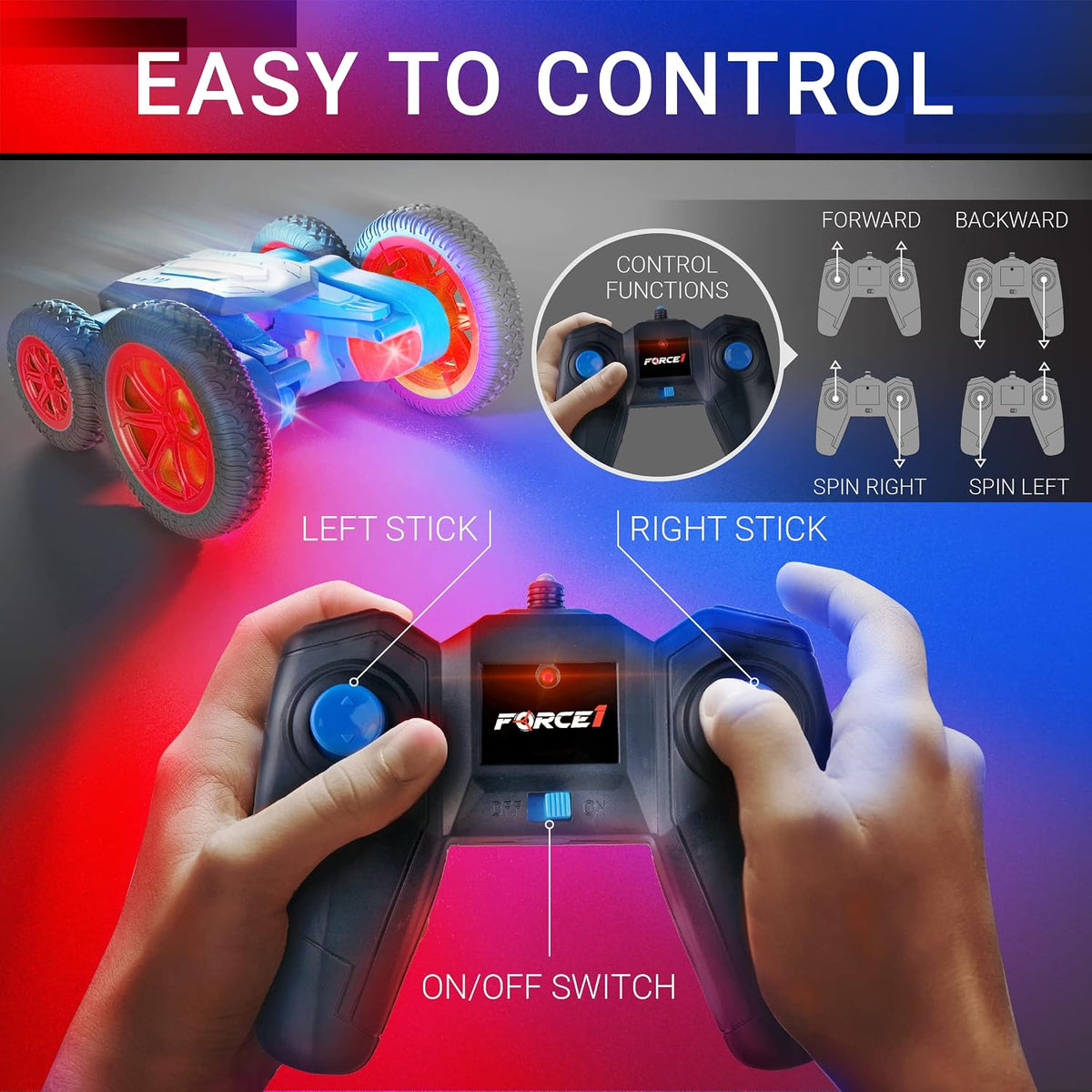 Force1 Tornado Blue LED Remote Control Car for Kids - Red Tornado - image 3