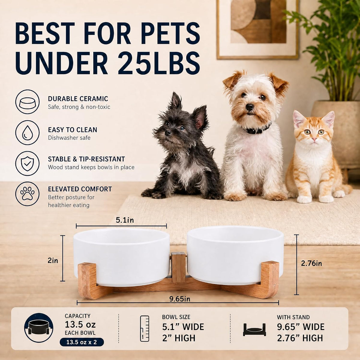 Ceramic Cat Dog Bowl Set with Stand - White / 400ML*2 - image 3