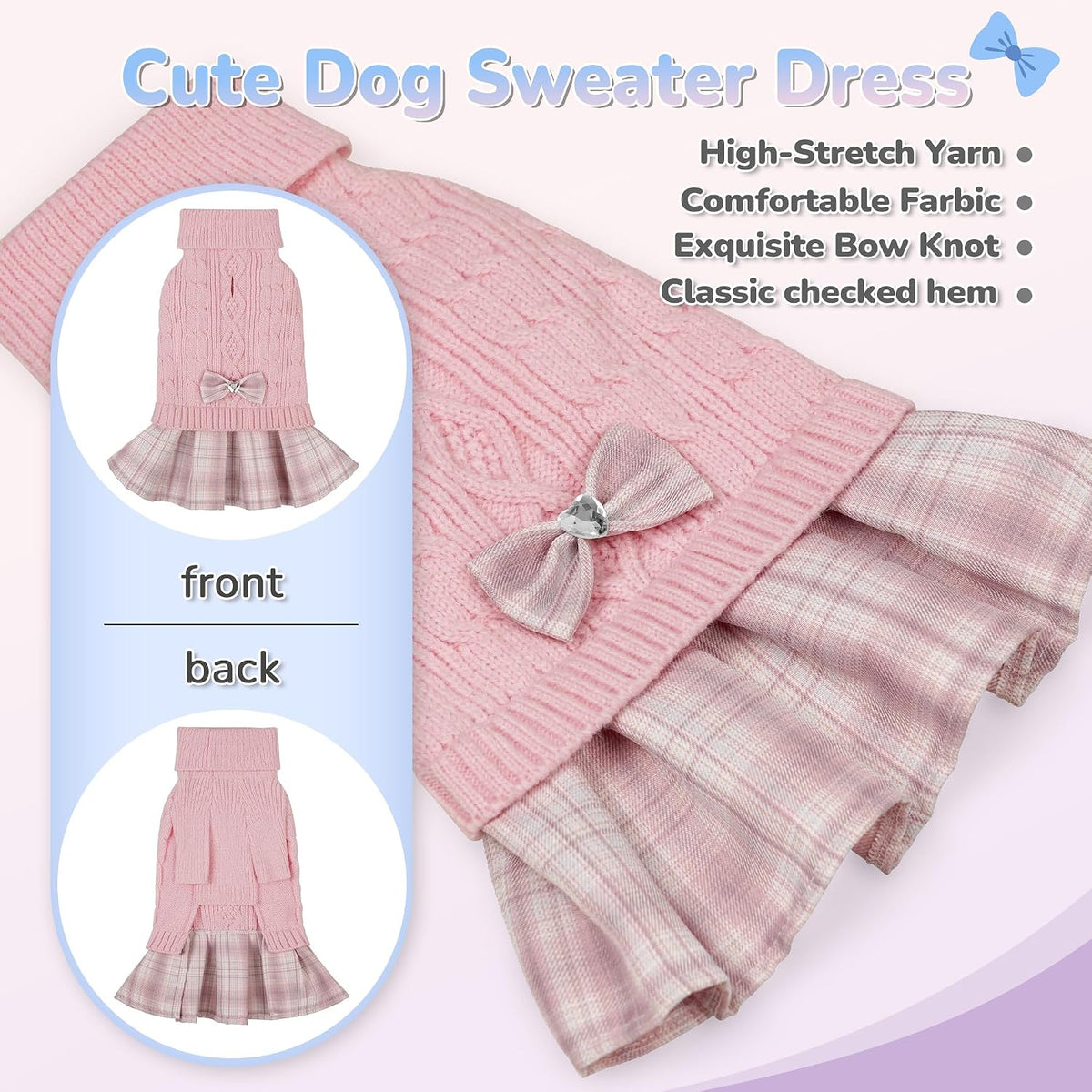 YUDODO knitted small dog sweater dress with bow and turtleneck - view 3