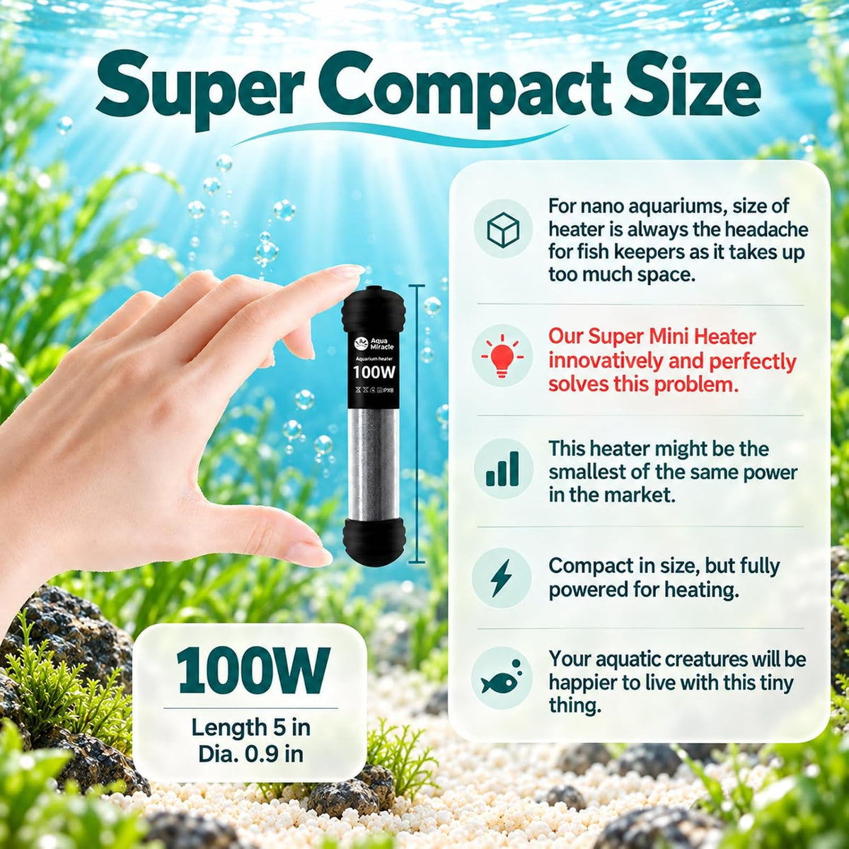 AquaMiracle 100W Small Aquarium Heater Dual LED Display for 10-20 Gal - For 10-20 Gal Aquariums - image 2