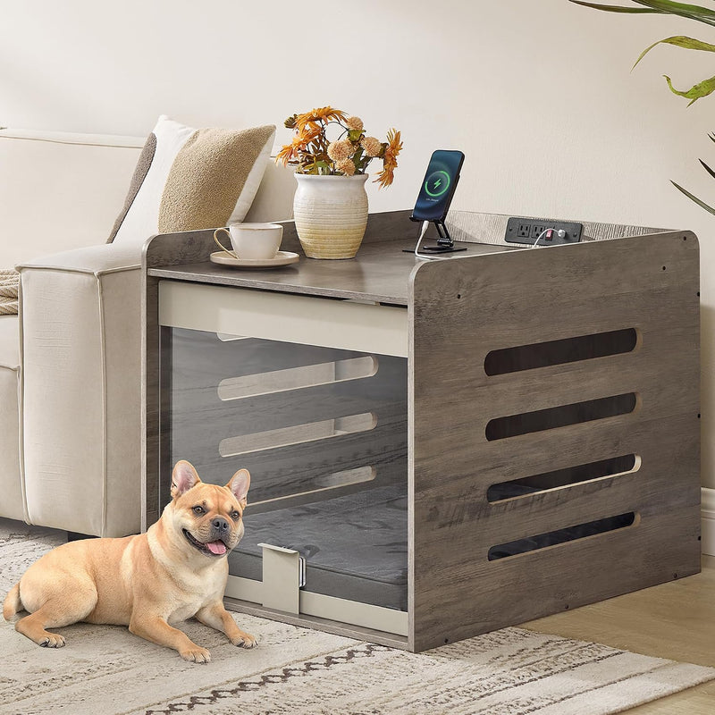 Feandrea Dog Crate Furniture, Flip-Up Hidden Acrylic Door - Heather Greige / 23.8"L x 31.5"W x 24.8"H