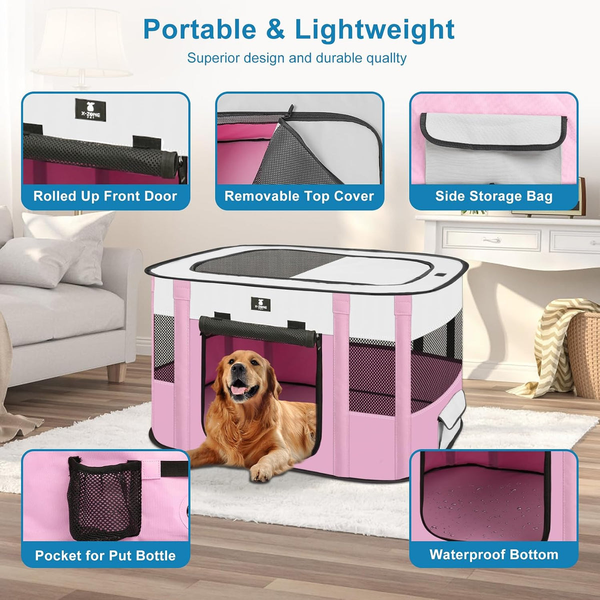 X-ZONE PET Dog Playpen, Puppy Cat Play Pen Portable Foldable Indoor/Outdoor Tent Crate Cage - Pink / X-Large - image 4