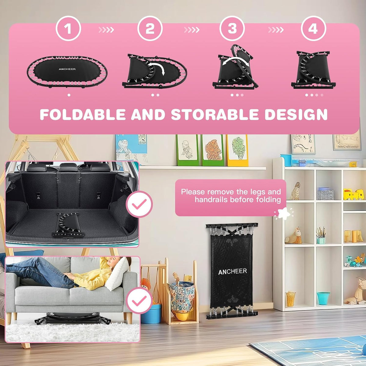 ANCHEER 56" Double Mini Trampoline for Kids - Pink Pro - image 3