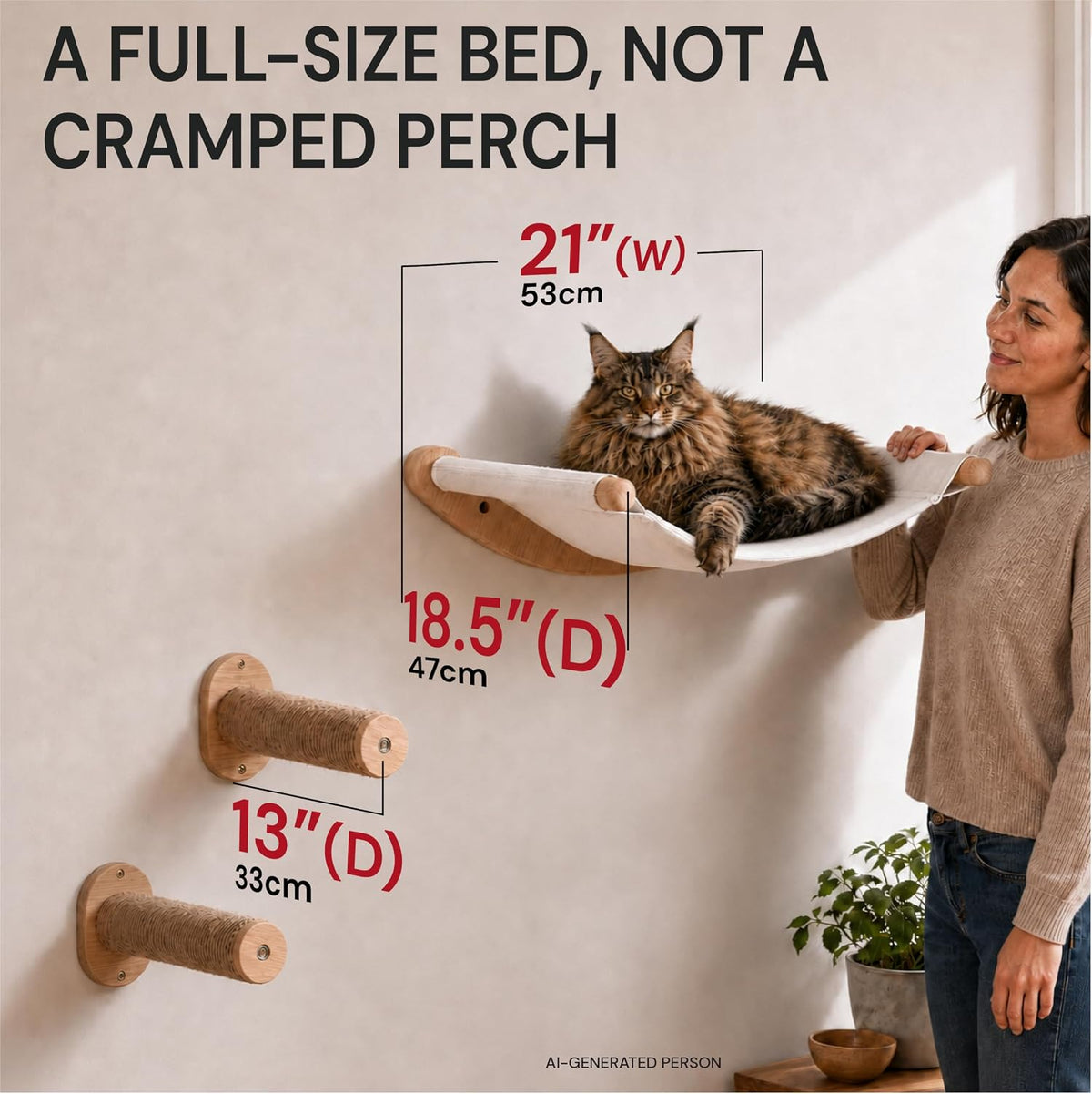 Large Cat Wall Hammock with 2 Climbing Steps – 21" Wall-Mounted Bed for Big Cats